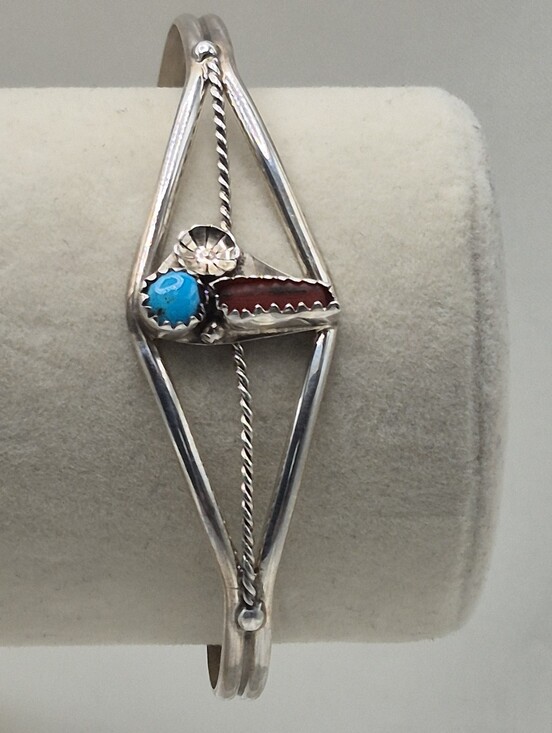 Navajo Jewelry - #2B Navajo Native American Turquoise & Coral Sterling Silver Cuff Bracelet